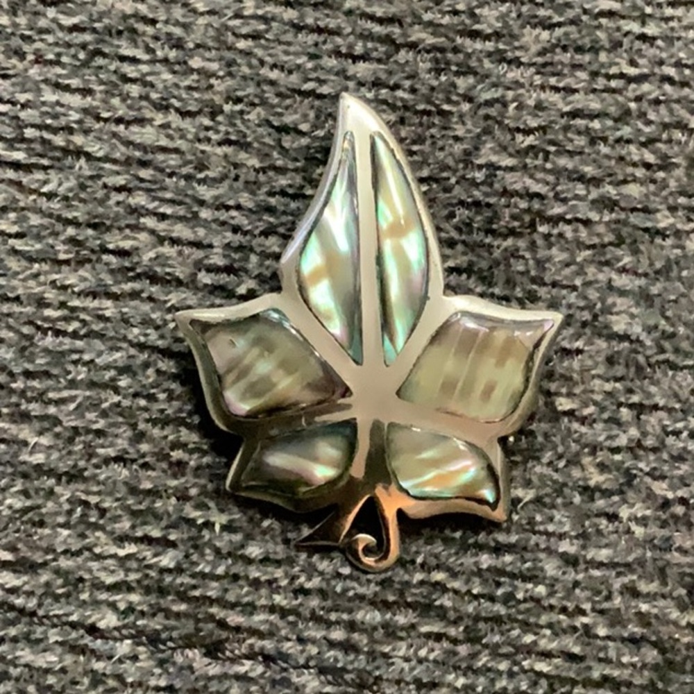 Vintage Alpaca Mexico Abalone Shell Inlay Silver Leaf Brooch or Pendant